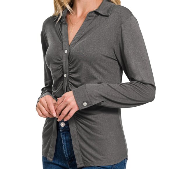Zenana Stretchy button down shirt with ruched detail - Picture 1 of 3